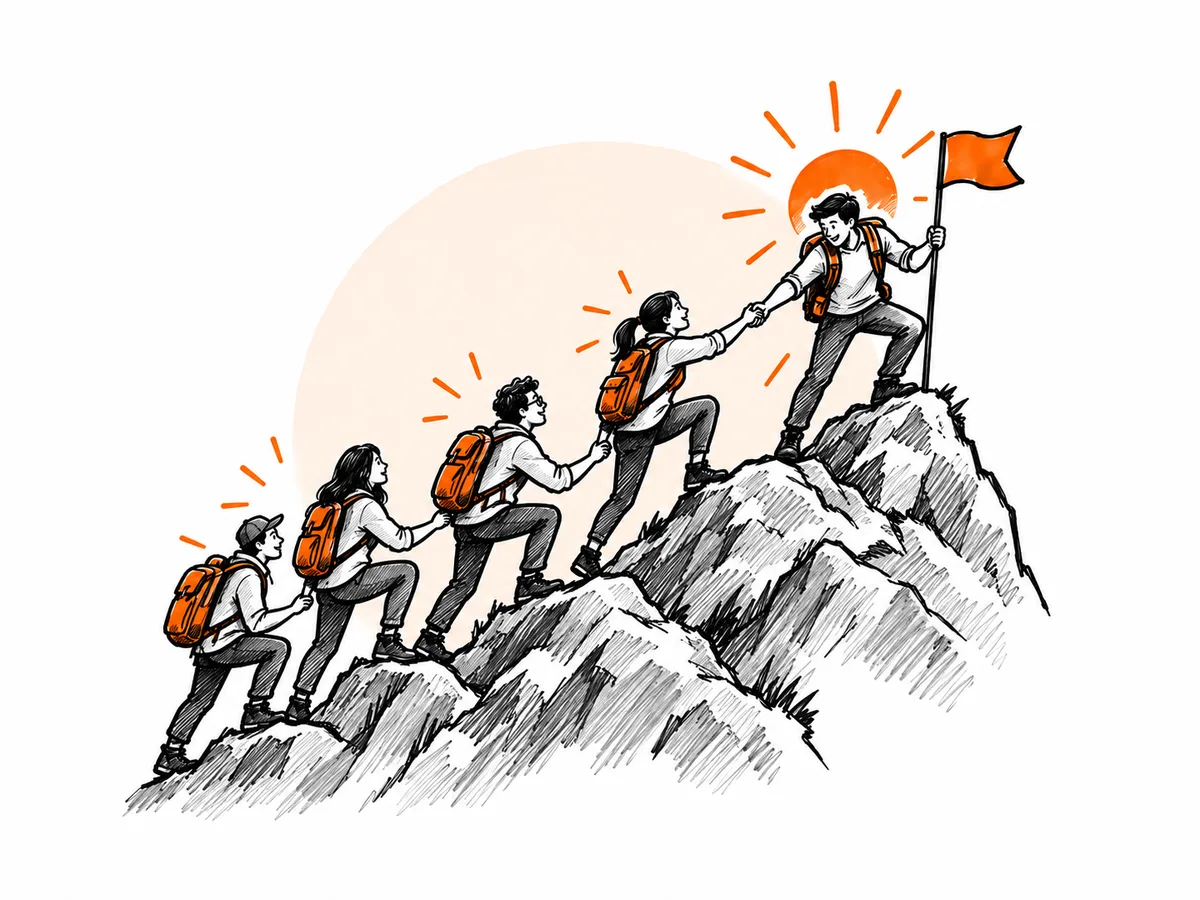 Ilustração de cinco pessoas com mochilas laranja escalando juntas uma montanha até a bandeira no topo
