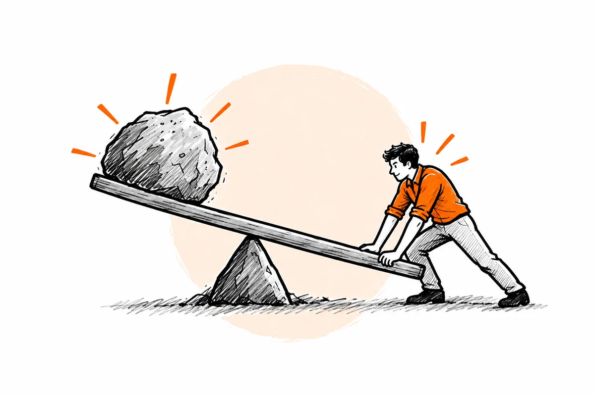 Ilustração de uma pessoa empurrando uma alavanca para levantar uma grande pedra