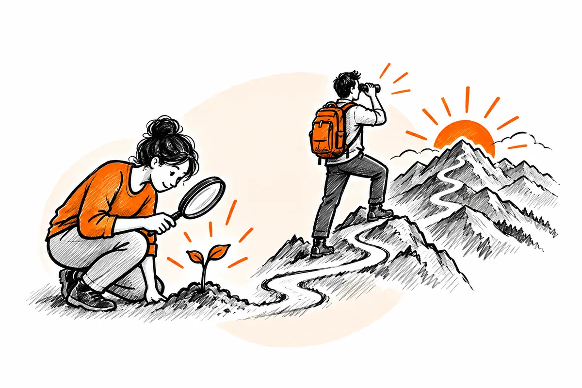 Ilustração de uma pessoa examinando uma planta com lupa e outra observando montanhas e o sol nascente com binóculos