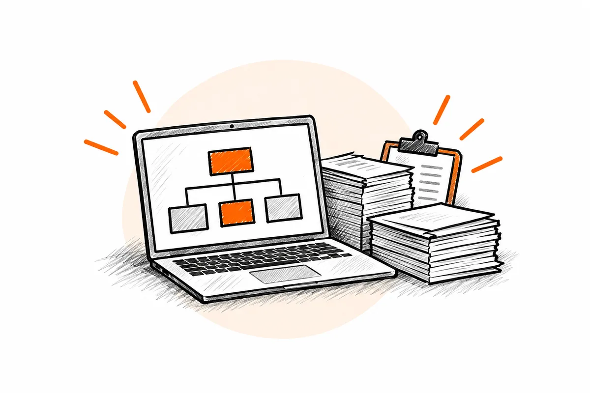 Ilustração de um notebook com fluxograma e pilhas de documentos